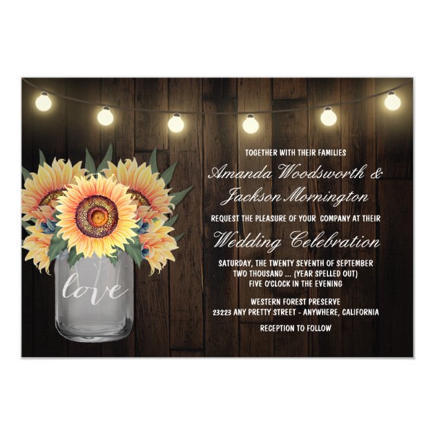 Mason Jar Lights And Sunflower Wedding Invitations