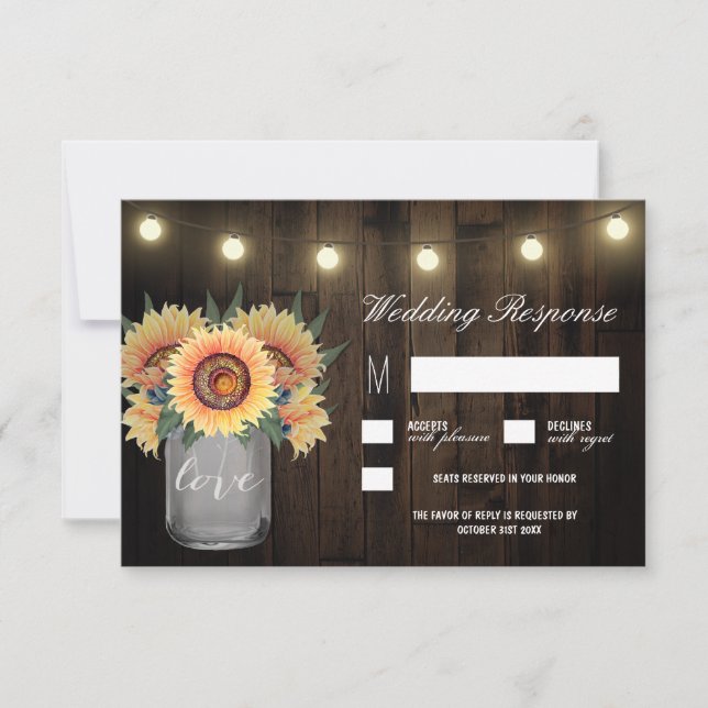 Mason Jar Lights and Sunflower Wedding RSVP Cards (Front)