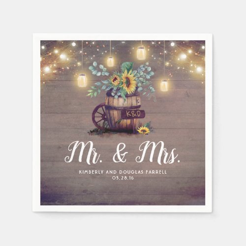 Mason Jar Lights and Sunflowers Rustic Wedding Napkins