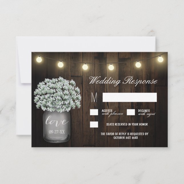 Mason Jar Lights Babys Breath Wedding RSVP Cards (Front)