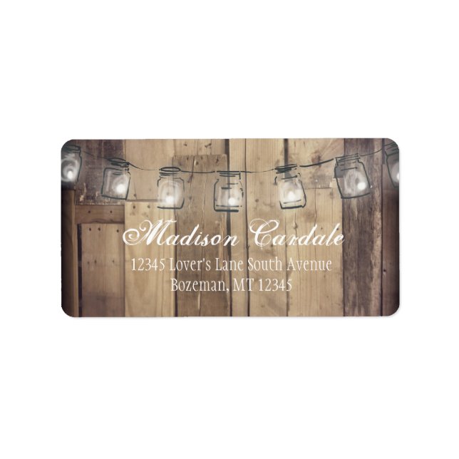 Mason Jar Lights Barn Wood Wedding Address Labels (Front)