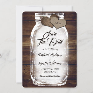Mason Jar Lights Burlap Hearts Barn Wood Wedding Save The Date