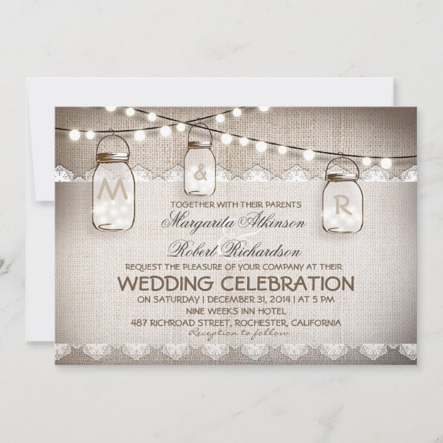 Mason Jar Lights - Burlap Lace Rustic Wedding Invitation (Front)