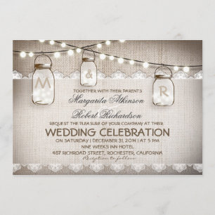 Mason Jar Lights - Burlap Lace Rustic Wedding Invitation