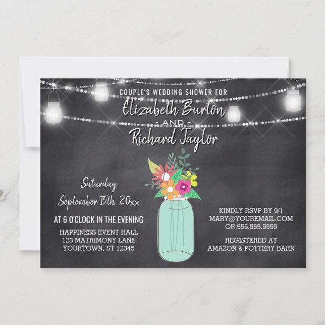 Mason Jar Lights Chalkboard Couples Wedding Shower Invitation (Front)