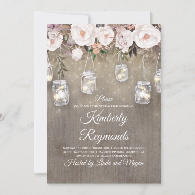 Mason Jar Lights Floral Rustic Birthday Party Invitation (Front)
