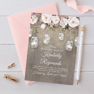 Mason Jar Lights Floral Rustic Bridal Shower Invitation