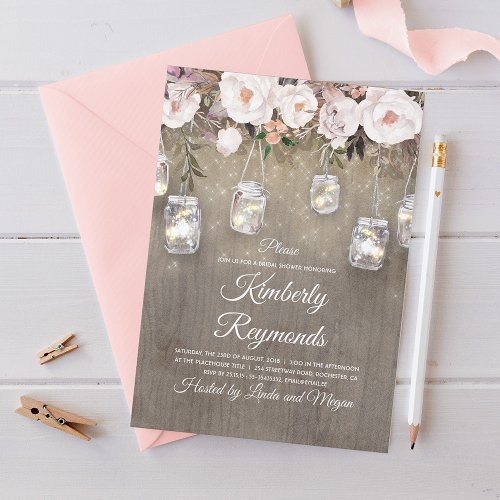 Mason Jar Lights Floral Rustic Bridal Shower Invitation