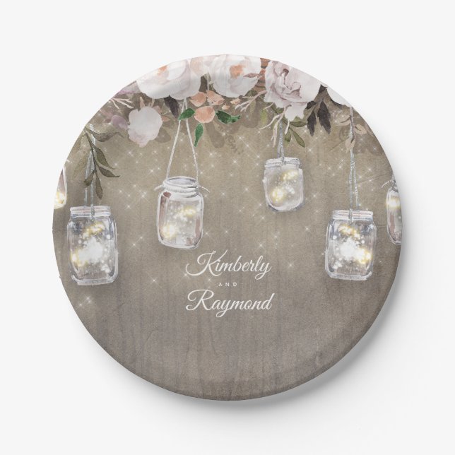 Mason Jar Lights Floral Rustic Paper Plates (Front)