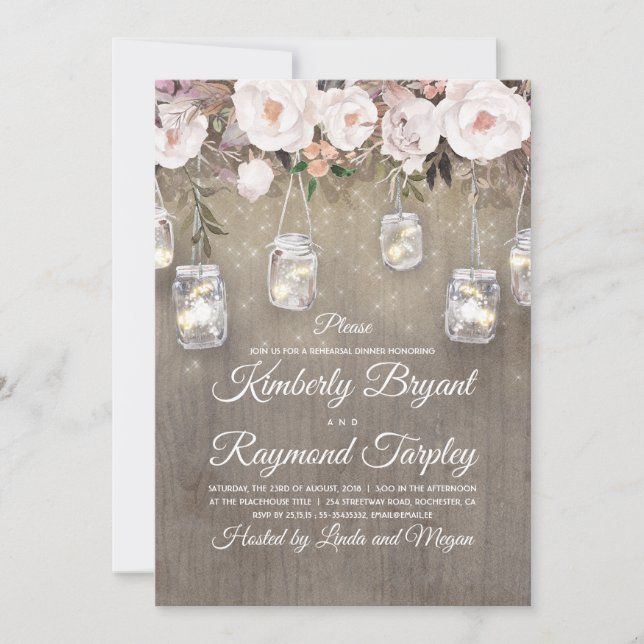 Mason Jar Lights Floral Rustic Rehearsal Dinner Invitation (Front)