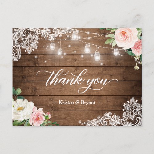 Mason Jar Lights Floral Rustic Wedding Thank You Postcard