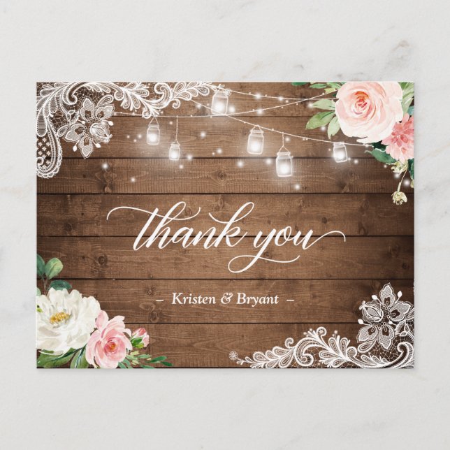 Mason Jar Lights Floral Rustic Wedding Thank You Postcard (Front)