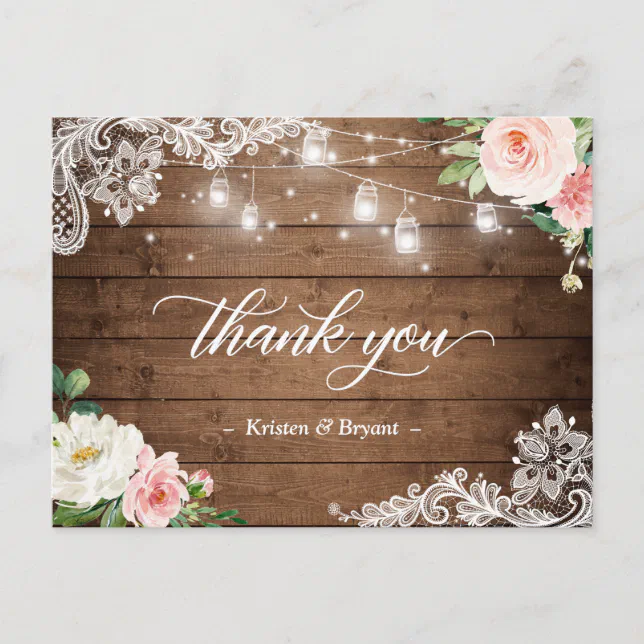 Mason Jar Lights Floral Rustic Wedding Thank You Postcard | Zazzle