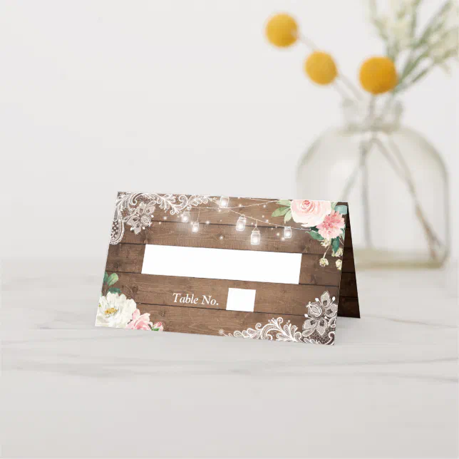 Mason Jar Lights Lace Floral Rustic Wedding Place Card | Zazzle