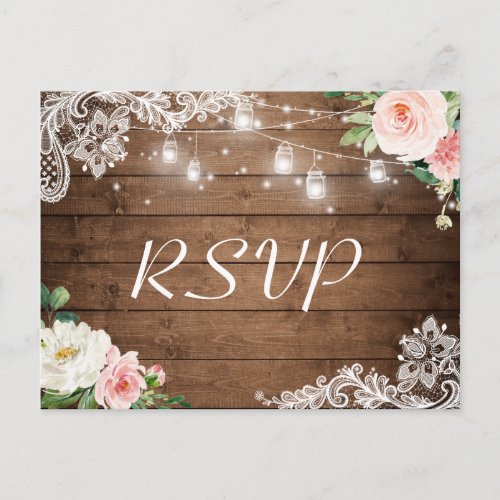 Mason Jar Lights Lace Floral Rustic Wedding RSVP Invitation Postcard
