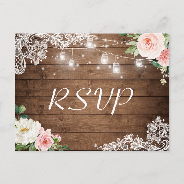 Mason Jar Lights Lace Floral Rustic Wedding RSVP Invitation Postcard (Front)