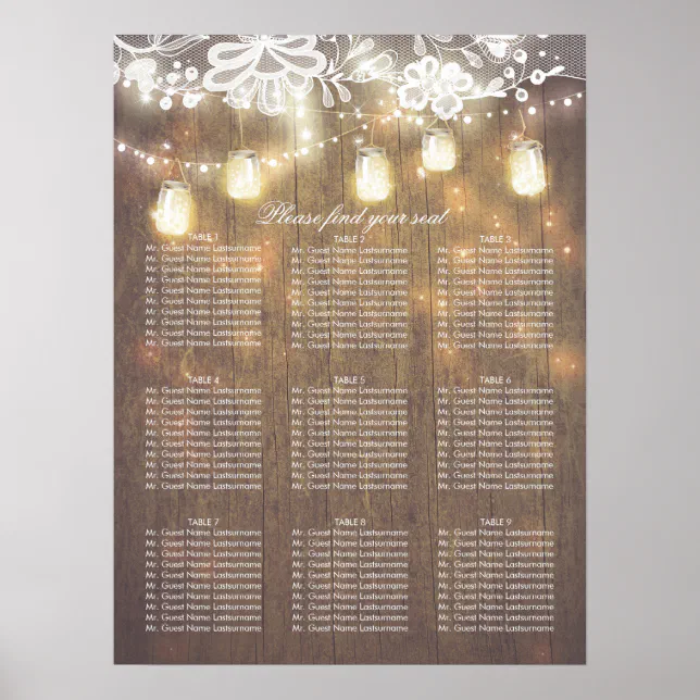 Mason Jar Lights Lace Wood Wedding Seating Chart | Zazzle