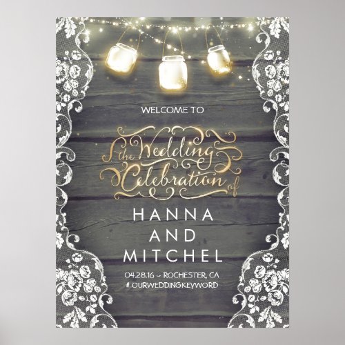 Mason Jar Lights Lace Wood Wedding Welcome Sign - Rustic country wedding welcome sign poster