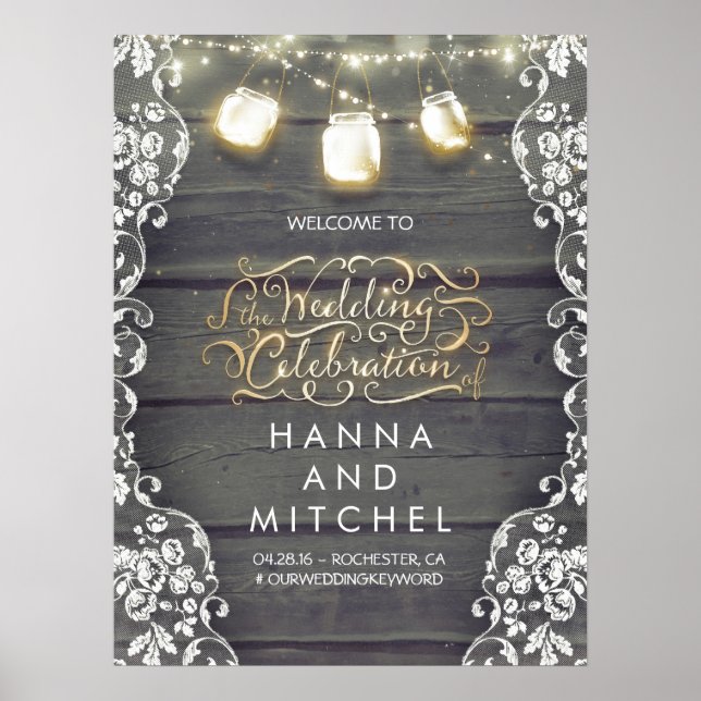 Mason Jar Lights Lace Wood Wedding Welcome Sign (Front)