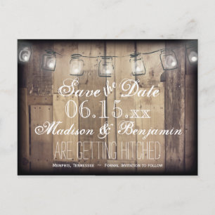 Mason Jar Lights Rusti Wood Save the Date Postcard