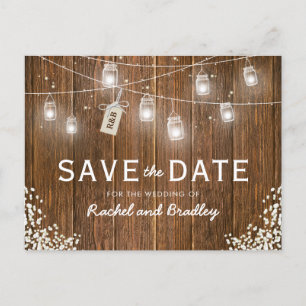 Mason Jar Lights Rustic Babys Breath Save the Date Announcement Postcard