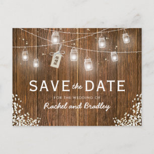 Mason Jar Lights Rustic Babys Breath Save the Date Announcement Postcard