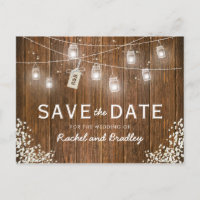 Mason Jar Lights Rustic Babys Breath Save the Date Announcement Postcard