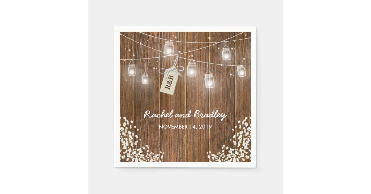 Mason Jar Lights Rustic Babys Breath Wedding Paper Napkins | Zazzle.com