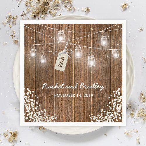 Mason Jar Lights Rustic Babys Breath Wedding Paper Napkins