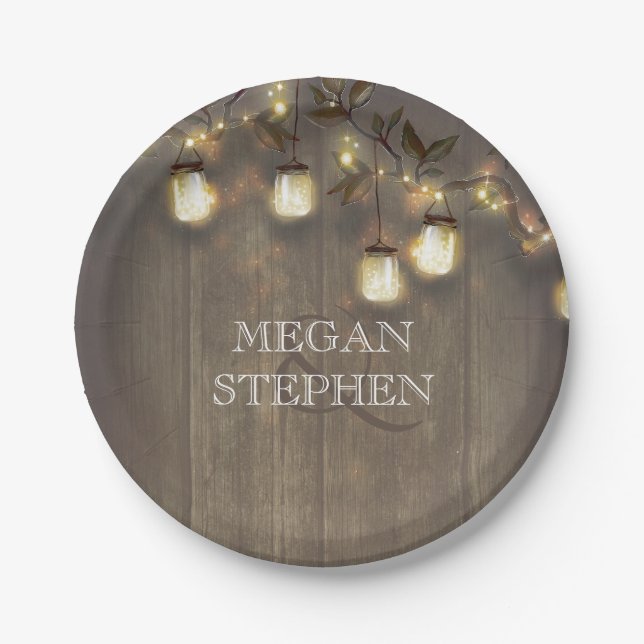 Mason Jar Lights Rustic Barn Wedding Paper Plates (Front)