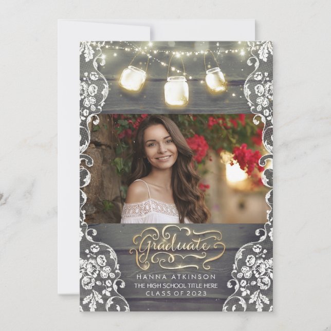 Mason Jar Lights Rustic Photo Graduation Party Invitation (Front)