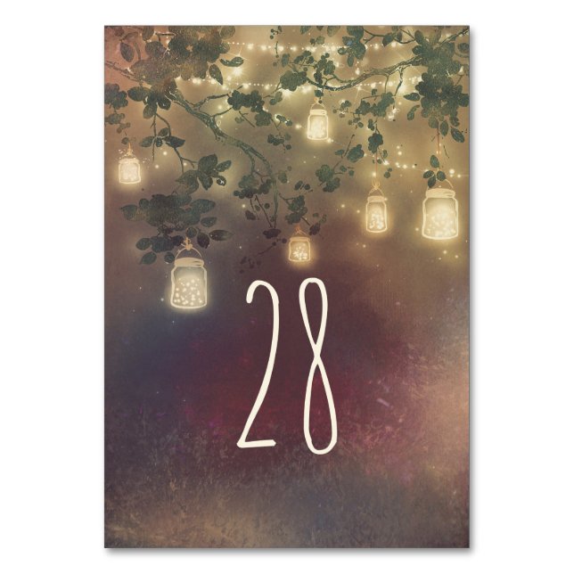 Mason Jar Lights Rustic Tree Wedding Table Number (Front)