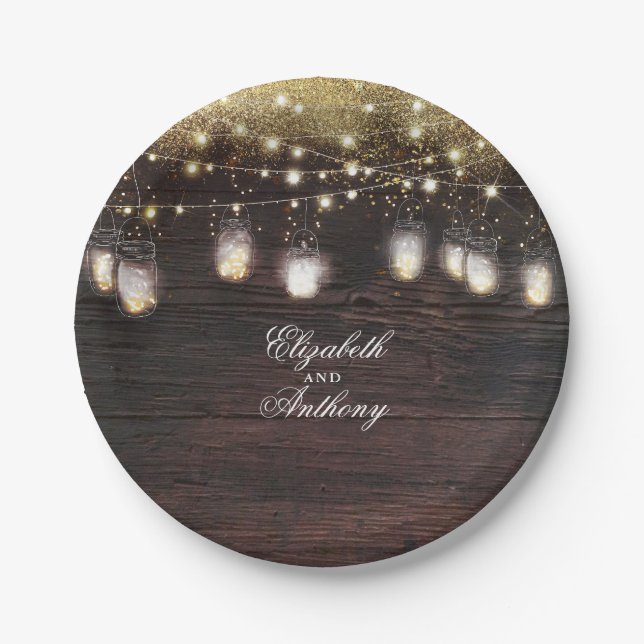 Mason Jar Lights Rustic Wedding Paper Plates (Front)