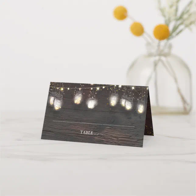 Mason Jar Lights Rustic Wedding Place Card | Zazzle
