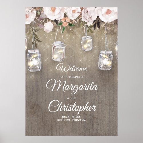 Mason Jar Lights Rustic Wedding Welcome Sign