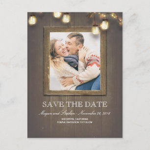 Mason Jar Lights Rustic Wood Photo Save The Date Announcement Postcard
