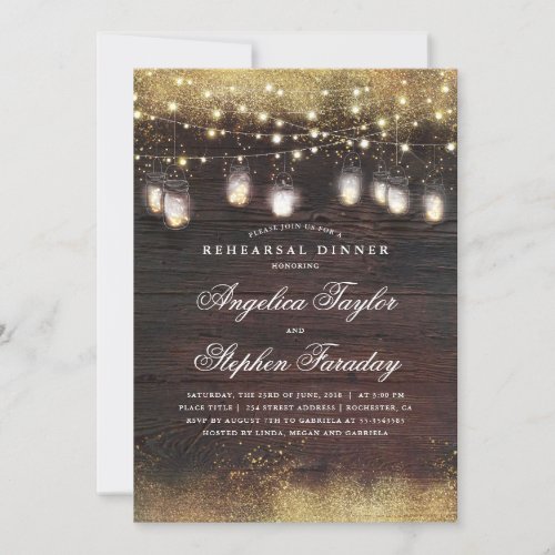 Mason Jar Lights Rustic Wood Rehearsal Dinner Invitation