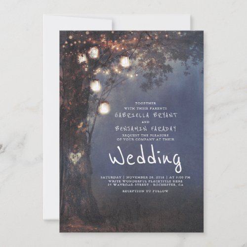 Mason Jar Lights Tree Carved Heart Rustic Wedding Invitation