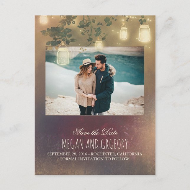 Mason Jar Lights Tree Rustic Photo Save the Date Announcement Postcard (Front)