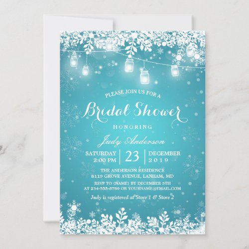 Mason Jar Lights Turquoise Winter Bridal Shower Invitation