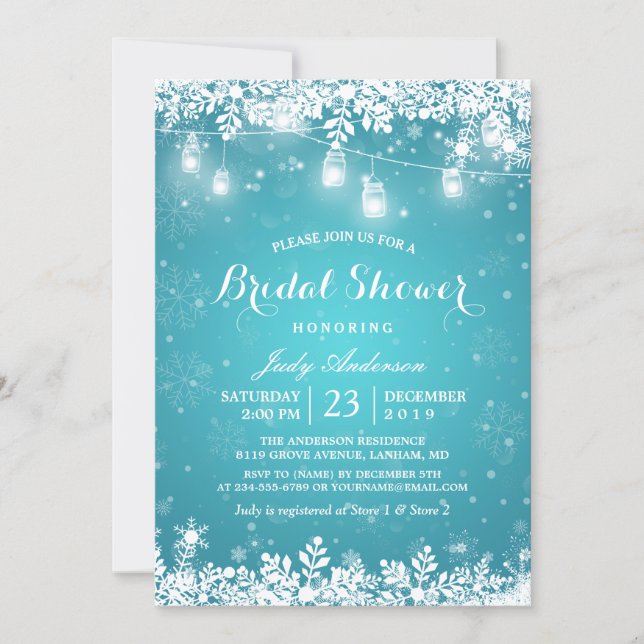 Mason Jar Lights Turquoise Winter Bridal Shower Invitation (Front)