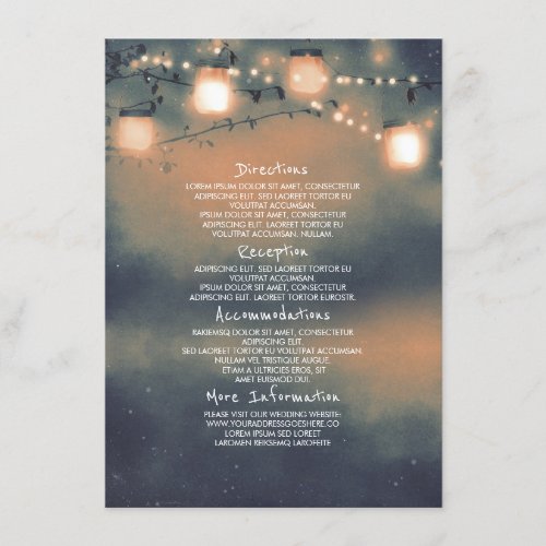 Mason Jar Lights Wedding Details -Information Enclosure Card - Rustic mason jar string lights wedding insert with directions, reception details, accommodations and other information for guests