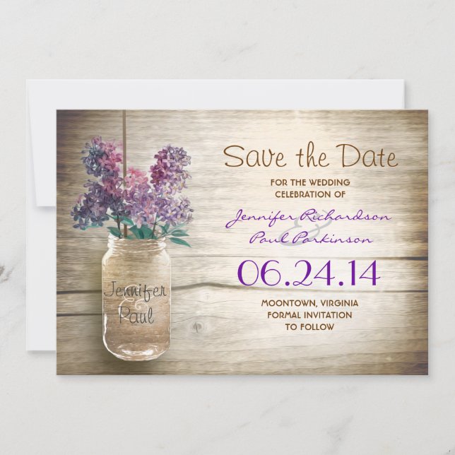 mason jar & lilacs save the date (Front)