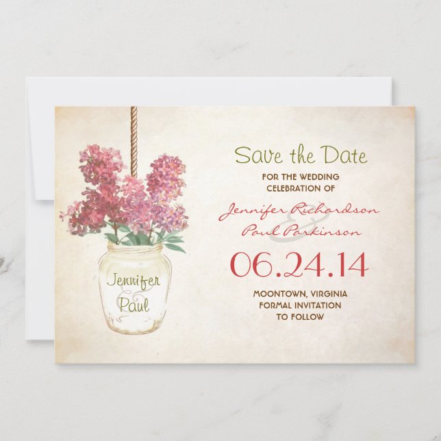 mason jar & lilacs save the date (Front)