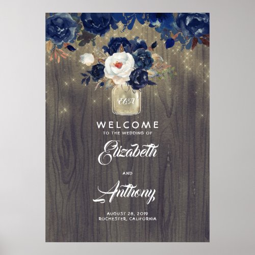 Mason Jar Navy Floral Wedding Welcome Sign