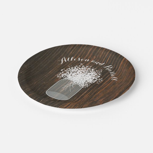 Mason Jar of Baby's Breath Wood Inspired Wedding Paper Plates (Angled)