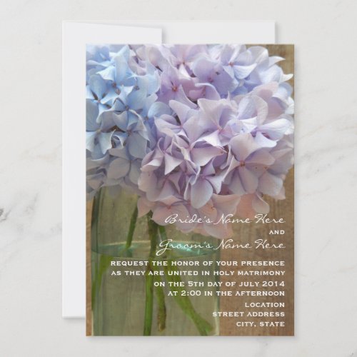 Mason Jar Of Blue &amp; Purple Hydrangeas Wedding Invite
