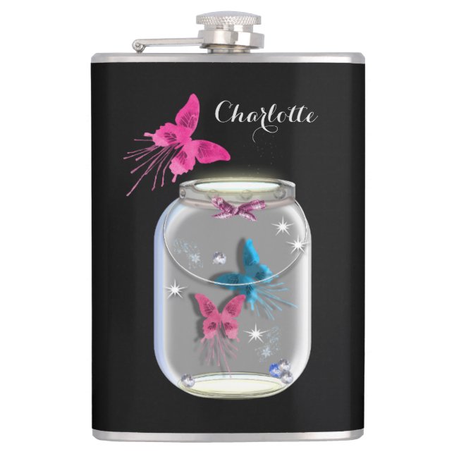 Mason Jar Of Butterflies Personalized Flask (Front)