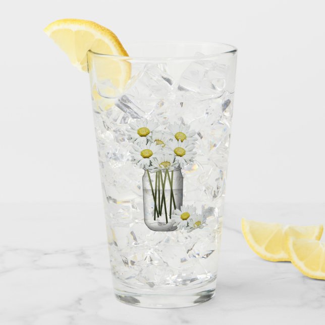 Mason Jar Of Daisies Drinking Glass (Front Ice)