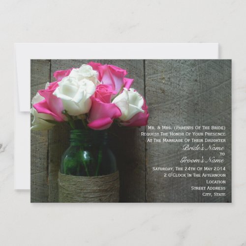 Mason Jar of Pink and White Roses Barn Wedding Invitation